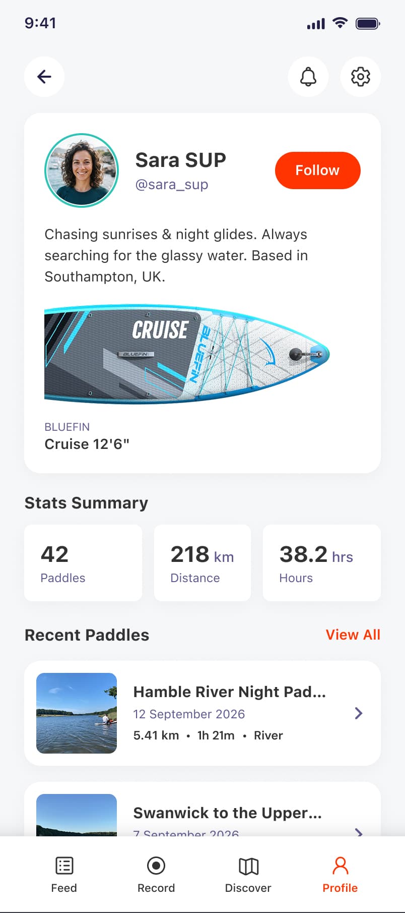 GetSuppy mobile profile with paddler stats and recent paddles